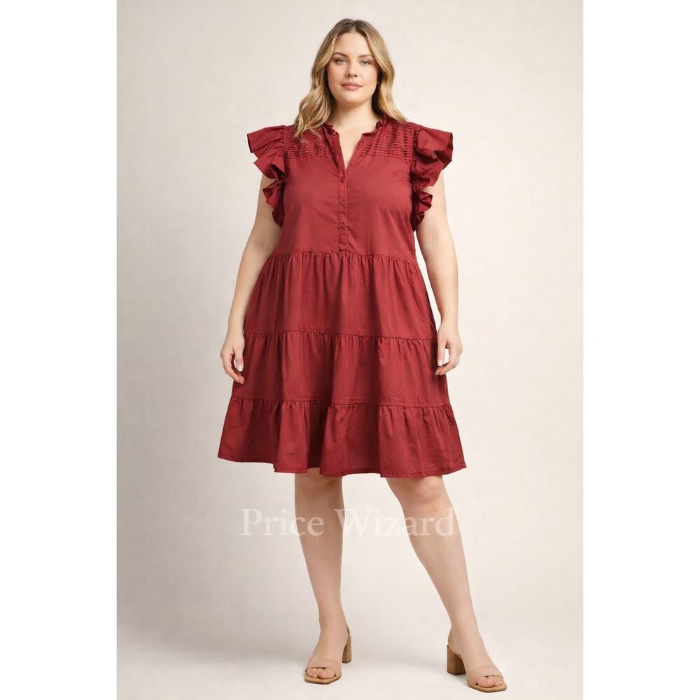 Sea New York XL Cotton Ruffle Tiered Midi Dress Red Pintuck Shor